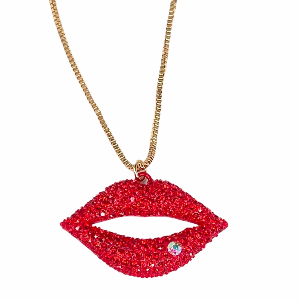 Betsey Johnson Lips With Rhinestone Necklace, Red